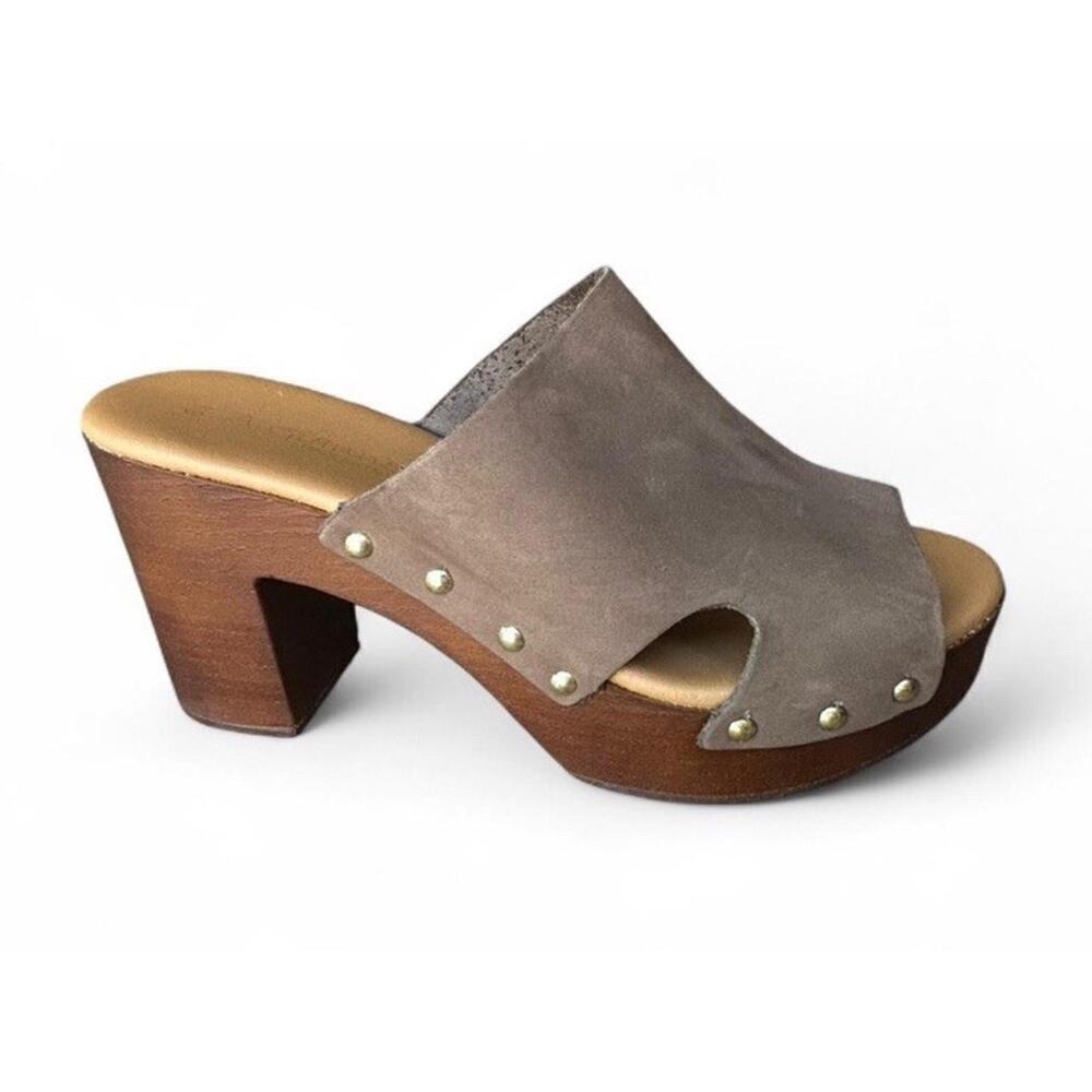 A. Giannetti Italian Brown Leather Block Wood Heel Sandals With Gold Studs 6.5 - Picture 4 of 6